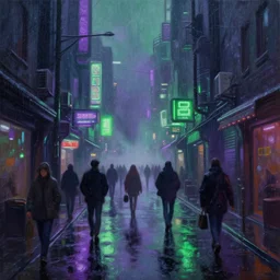 a oil painting of narrow cyberpunk street in rainy night, many passers - by, purple and green neons, heave foggy, sci - fi, wet winter, low angle shot, water reflect, lush detail, cinematic lighting, sharp focus, hyperrealism, volumetric light, by sebastian luca on artstation. 4 k, concept art.