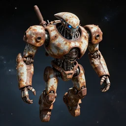 giant rusted alien robot floating in space