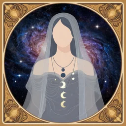 a portrait of a galaxy as an androgynous druid spirit wearing five necklaces of moons and stars, draped in transparent cloth, flat colors, occult, minimal, swirly, bust by amy brown and alphonse mucha, decorative art nouveau border, astrophotography, vast cosmos, detailed book illustration, trending on artstation