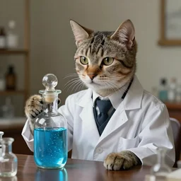 an aristocratic cat dressed as a scientist intrigued by a refined little transparent little bottle filled with magic blue iridescent liquid, art highly detailed, by keith parkinson, concept art,
