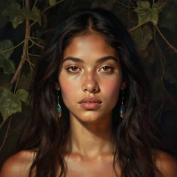 detailed portrait in femininity, cosmopolitan shaman, chick, realistic face chiseled features, specular eyes, ethnic, statuesque model, natural skin, lush hair, warm glow, subsurface scattering, jewel, asymmetrical, chiaroscuro, organic impressionism, vine backdrop, deep rich color, digital illustration