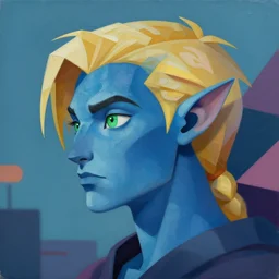 Avatar with a blond hair, green eyes, satyr ears and blue skin profile picture by Greg Rutkowski, asymmetrical, Organic Painting , Matte Painting,  geometric shapes, hard edges, street art, trending on the artstation:2 by Sachin Teng:4, blur: -4