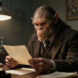 A Gentleman orc reading his letter at an office 1965, artstation, concept art, donato giancola, Joseph Christian Leyendecker, WLOP, Boris Vallejo, Breathtaking, 8k resolution, extremely detailed, beautiful, establishing shot, artistic, hyperrealistic, octane render, cinematic lighting, dramatic lighting, masterpiece, light brazen, extremely detailed and beautiful face
