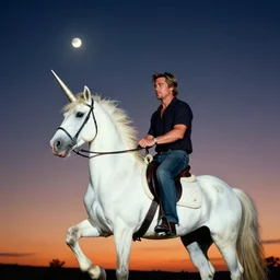photograph taken by a rolleiflex tlr, 1 2 0 mm, portrait, brad pitt, riding a unicorn, sunset, shot by ryan mcginley, moon in sky, night time