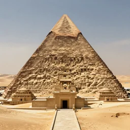 front entrance of a pyramid with an inverted pyramid at the top in the desert partially covered by sand, highly detailed, videogame screenshot, panoramic view