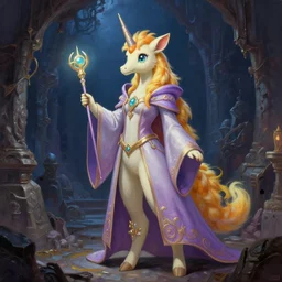 an alicorn fursona anthro girl mage with enchanted robes and a wand is exploring the grimdark dungeon depths. trending on artstation and pixiv. a vibrant digital oil painting. a highly detailed fantasy character illustration by wayne reynolds and charles monet and gustave dore and carl critchlow and bram sels