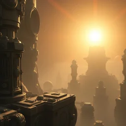 futuristic technologically advanced galactic civilization, highly detailed relics, bright sun magic hour, digital painting, solid cube of light, hard edges, artstation, concept art, sharp focus, illustration, 8 k highly detailed, ray - traced