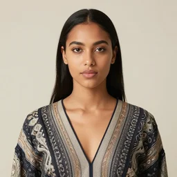 portrait photograph of olive skinned female in her twenties wearing designer clothes, highly symmetrical, natural beauty, proportional