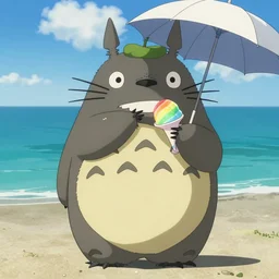 totoro eating rainbow shave ice at the beach