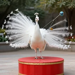 a white peacock plays with a yoyo on a round red striped box
