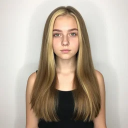 brunette with dyed blonde hair, 20 years old, 160 cm tall, long flat hair, blonde, green eyes, small nose, small mouth, round shaped face, big forehead, lop eared, full body shot, thin eyebrows, small jaw, real life photograph