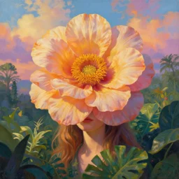 closeup, giant flower as a head, girl surrounded by djungle, surreal photography, golden hour, colorful clouds, impressionist painting, digital painting, artstation, simon stalenhag