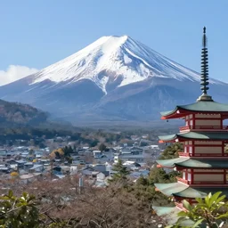 a view of the mount fuji from the town of Puerto Varas. anime style. detail. high quality.