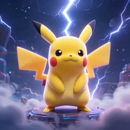 a Pikachu that is the God of the universe, thunder, lightning, clouds, futuristic, Cyberpunk, cinematic lightning, 8k render, Nvidia omniverse, cinematic stuff,