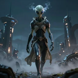 an alien with glowing smokey eyes wearing a flowing cloth shirt over stylish plate armor walking to a small alien city in the background, night sky, dramatic lighting, light fog, dramatic colors, 8 k cg render, highly detailed, trending on artstation