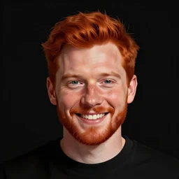 hyper realistic illustration of a singular portrait of a smiling redhead by stjepan sejic, 5 5 mm, f / 1. 8, black background
