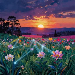 landscape by paul cezanne, futuristic flowers laser nightvision sunlight cyberpunk thermal vision meadow at night myst dramatic lighting sunset landscape infrared morning sun at dawn darkacademia tokyo nature studio ghibli, archdaily, wallpaper, highly detailed, trending on artstation.