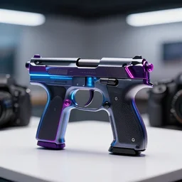 a futuristic neon pistol is sitting on the white table, clear focus, bokeh effect, high res, hasselblad, dslr