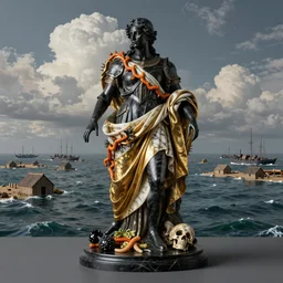 portrait, ocean, naval battles, war, knight, huts, rivers, famine, death, wide angle, puffy clouds, skies behind, stars in sky, italian masterpiece, Ashford Black Marble, sculpture, baroque, draped with orange and vines and spines, marble and gold, drapes, white details, still life vegetables, Obsidian, portrait, worms, render, artstation, ultra detailed
