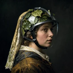 a woman's face in profile, wearing a glass helmet full of leaves and a cloak, in the style of the dutch masters and gregory crewdson, dark and moody