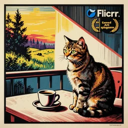 a cat sitting at a table next to a cup of coffee, a pop art painting by art spiegelman, flickr, pop art, pop art, woodcut, lowbrow