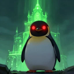 penguin with red glowing eyes in front of a green glowing tower in the background, guild wars 2 art style