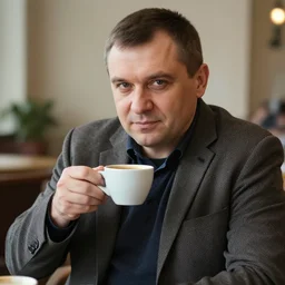 “ highly detailed photo of dmitry viktorovich livanov holding a cup of coffee ”