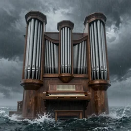 A highly detailed matte painting of a huge pipe organ in a stormy sea in a storm, fog, rain, volumetric lighting, imax render, 8K resolution, trending on artstation, style of alan lee and john howe