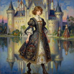 beautiful young girl in intricate clothing by artgerm, walking in a castle painted by wlop, reflections, very high intricate details, painting, digital anime art, medium shot, mid - shot, ilya kuvshinov, krenz cushart, greg rutkowski, sana takeda