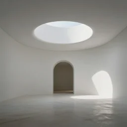 interior of a flooded building, all white, minimalistic architecture, rounded ceiling, arched doorway, dim lights, liminal space,