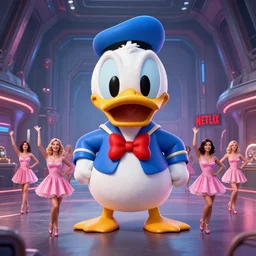 3 d wide shot, a large donald duck head in a sci - fi hangar with 9 dancing ladies in pink cocktail dresses, netflix logo, beeple