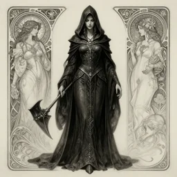 beautiful necromancer, full body shot, hood, d & d, fantasy, intricate, elegant, highly detailed, digital painting, artstation, concept art, matte, sharp focus, illustration, hearthstone, art by artgerm and greg rutkowski and alphonse mucha, made with charcoal