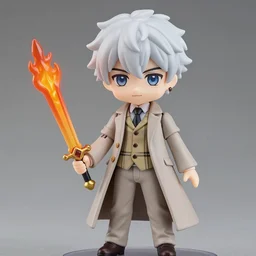nendoroid aziraphale from good omens, holding flame sword, good omens tv series, white curly short hair, beige suit, long coat, khaki tartan vest, michael sheen