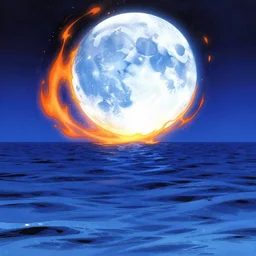 Burning Azure Moon over silk ocean, manga style