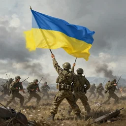a matte painting of soldiers raising the ukranian flag on the battle field by mumford