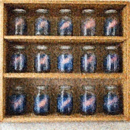a wooden shelf full of glass jars containing galaxies