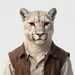 beautiful portrait commission of a male furry anthro albino mountain lion with dark red eyes wearing old-timey miner's clothes in an old saloon. Atmospheric. Character design by charlie bowater, ross tran, artgerm, and makoto shinkai, detailed, inked, western comic book art