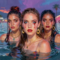 minimalist photograph of beautiful Coachella influencers with bleeding eyes in front of floods, detailed ambient lighting, hyper realistic, vibrant colors, cinematic, Pop art style, digital art painting by Keith Thompson, cinematic, 35mm grain filter, artstation