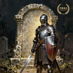 A lone knight in front of a stone tomb with a sturdy shield and shiny sword by ruan jia