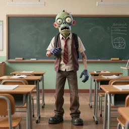 teacher - zombie in school, full body portrait, chaotic classroom with desks and chairs and chalkboard, sharp focus, fiction, hyper detailed, digital art, trending in artstation, cinematic lighting, studio quality, smooth render, unreal engine 5 rendered, octane rendered, art style and nixeu and wlop and krenz cushart