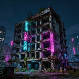 a beautiful ultradetailed render of urbex co - op building unfinished building industrial architecture city nature abandoned architecture by marina tabassum, liberty city vaporwave neon noir nightsky reclaimed by nature nightvision neon signs, archdaily, wallpaper, highly detailed, trending on artstation.