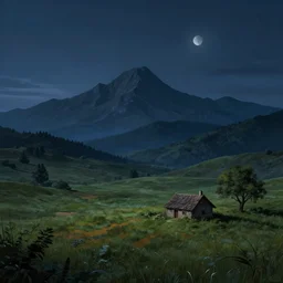 Void covered fields with large mountains in the distance, small cottage in the foreground, nighttime, moon in the night sky, landscape wallpaper, d&d art, fantasy, painted, 4k, high detail, sharp focus