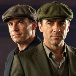 portrait close - up kevin mckidd ciaran murphy, olive green flat cap and gilet suit, dark, gta v cover art!!