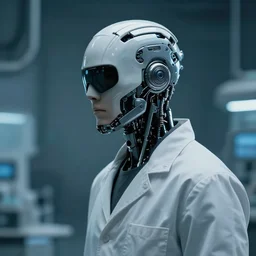 a masked laboratory technician man with cybernetic enhancements seen from a distance, scifi character portrait by greg rutkowski, craig mullins, 1 / 2 headshot, cinematic lighting, dystopian scifi outfit, profile picture, mechanical, cyborg, half robot