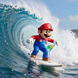 medium shot of mario with a big fancy martini and he surfs inside the tube of a very large wave. the wave is about to collapse. highly detailed, professional high quality 4 k, action shot, dramatic lighting, unreal, cinematic, photorealistic, 3 d render