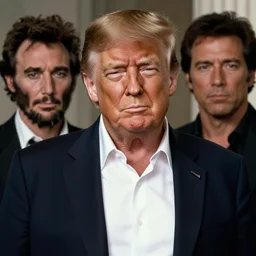 donald trump as clint eastwood squinting at high noon, movie, the good, the bad and the ugly, abraham lincoln, clint eastwood, steven seagal, vibe, schwarzenegger, bud spencer, donald trump, glory days, justice, american flag, patriotism, apple pie, black and white, hyper realistic, detailed, photo, artgerm, trending on artstation