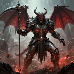 buff armored demon with scythe, bringer of doom and despair,, epic splashart, cinematic, wideshot, wrath, color palette of anger, depth of field, by greg rutkowski, peter mohrbacher, craig mullins. letterbox. film