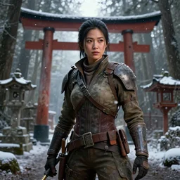 fallout 5, charismatic beautiful rugged asian female protagonist, portrait, outdoors in forest, tori gate!!! and shinto shrine!!! in the background, atmospheric lighting, painted, intricate, volumetric lighting, daytime, winter, blizzard, sharp focus, ultra detailed, art by william turner and ross tran