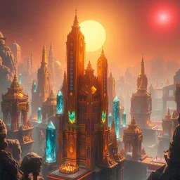 futuristic indian metropolis, highly detailed crystal and gemstone relics, gold relics, lasers, bright sun magic hour, digital painting, solid cube of light, hard edges, artstation, sharp focus, illustration, 8 k highly detailed