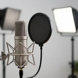 photograph of Turtle making voice over un professional studio condenser microphone. Studio lighting f 1.2